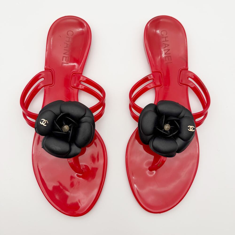 Chanel Camellia Flower Jelly Thong Sandals Red PVC Flip Flops CC Logo Size 38